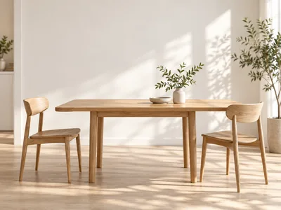 Oak table and chairs in a bright dining room