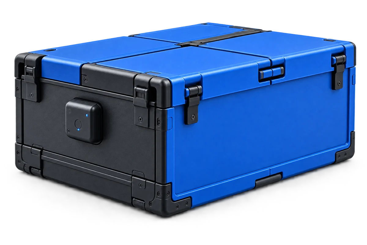 Blue and graphite reusable packaging shown closed
